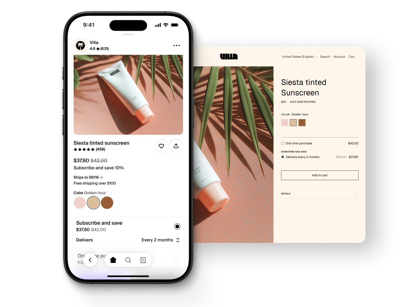 An iPhone open on the Villa store page in the Shop App sits beside a product page of the Villa store as seen in a browser window, demonstrating the similarities between both.